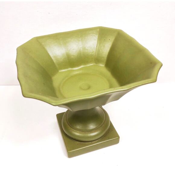 Vintage Hyalyn Pottery Square Pedestal Bowl Planter Green MCM Decor Scalloped - Picture 2 of 7